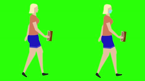 women walking cycle seamless loop , face mask version, green screen chroma key animation, flat design