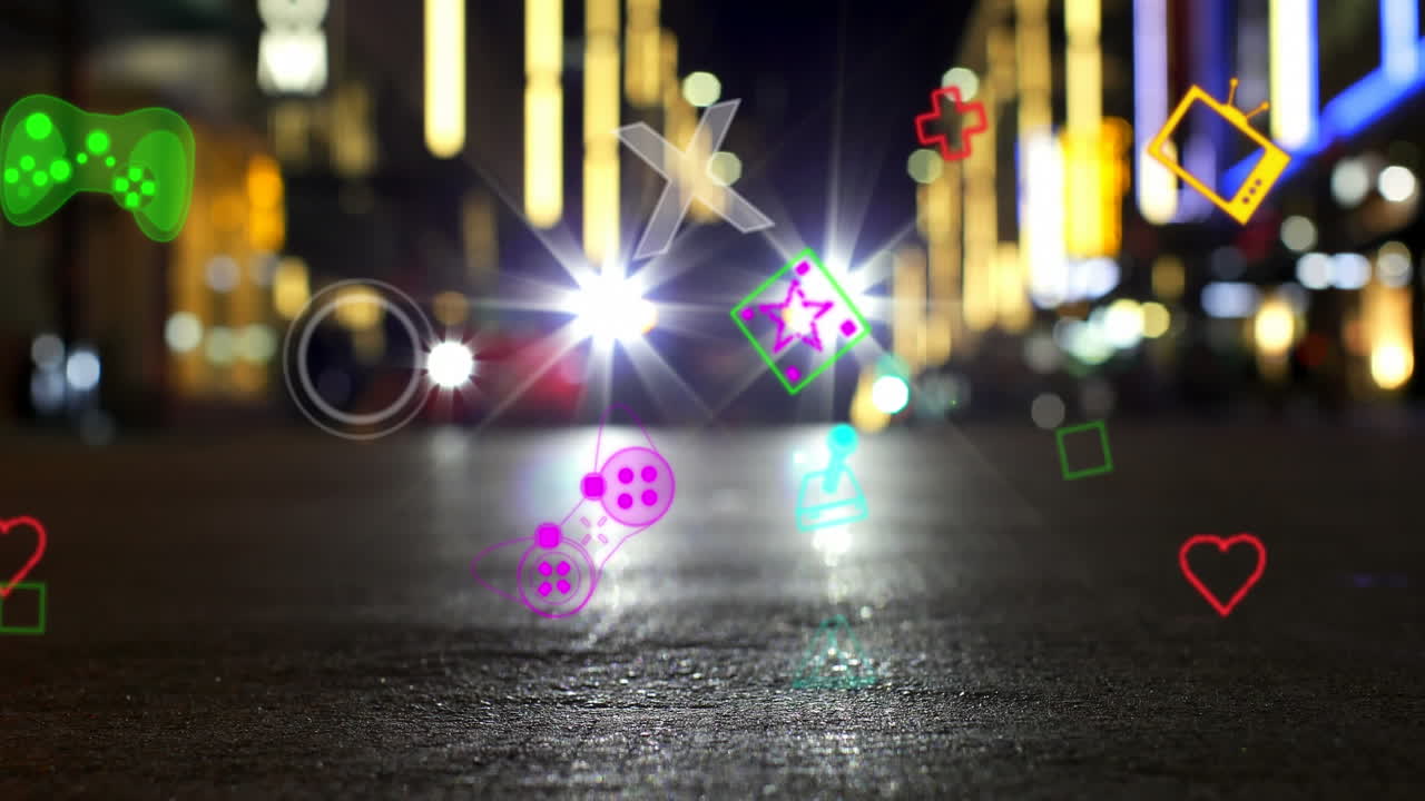 도시 거리와 자동차 위의 미디어 아이콘의 애니메이션