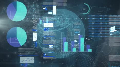 Animation of data processing and stock market over globe and shapes
