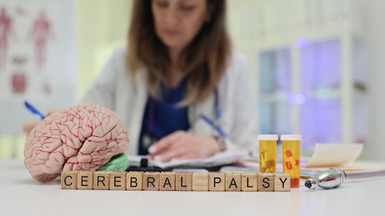 Texto "paralisia cerebral" em cubos de madeira perto de um modelo de cérebro humano