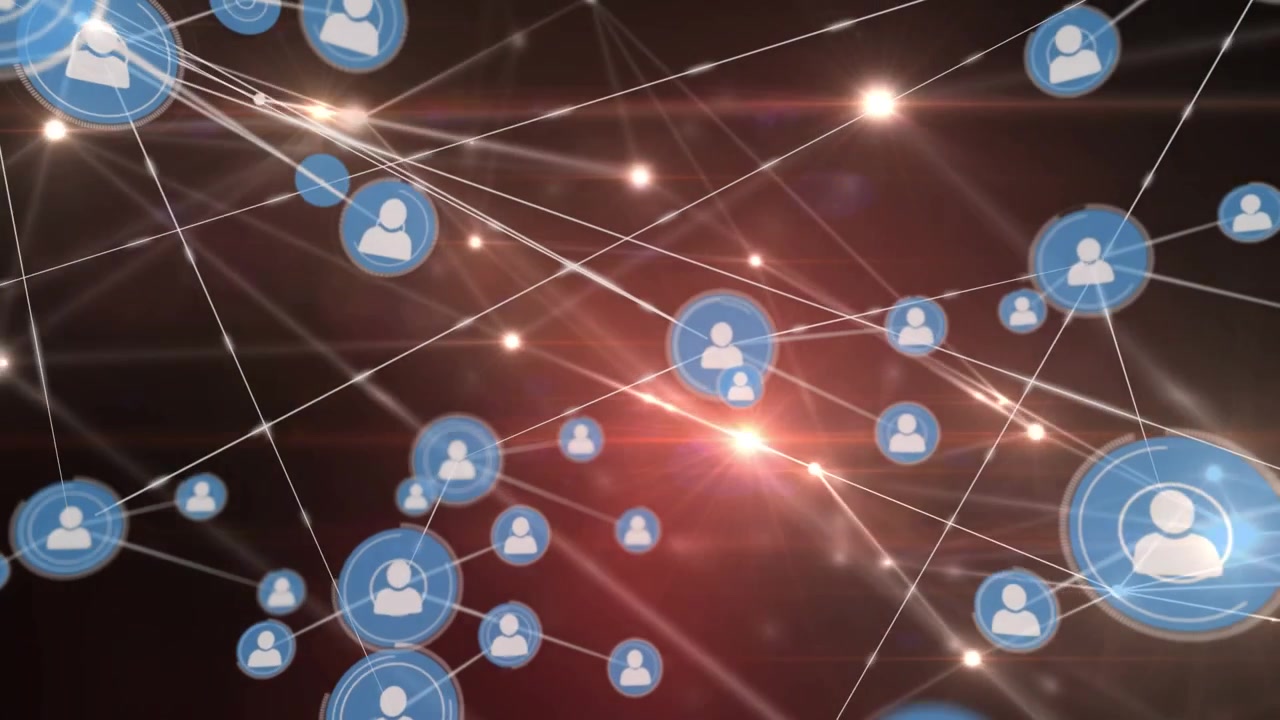 Animation of network of connections with icons and light trails on black background