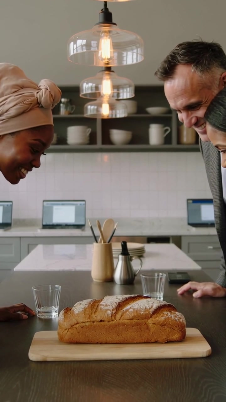 Vertical video: Hands placing loaf on cutting board in kitchen two in headwrap and suit sharing