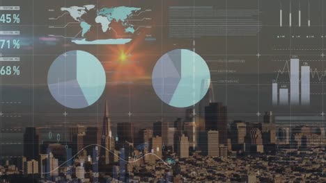 animation of data processing and world map over cityscape