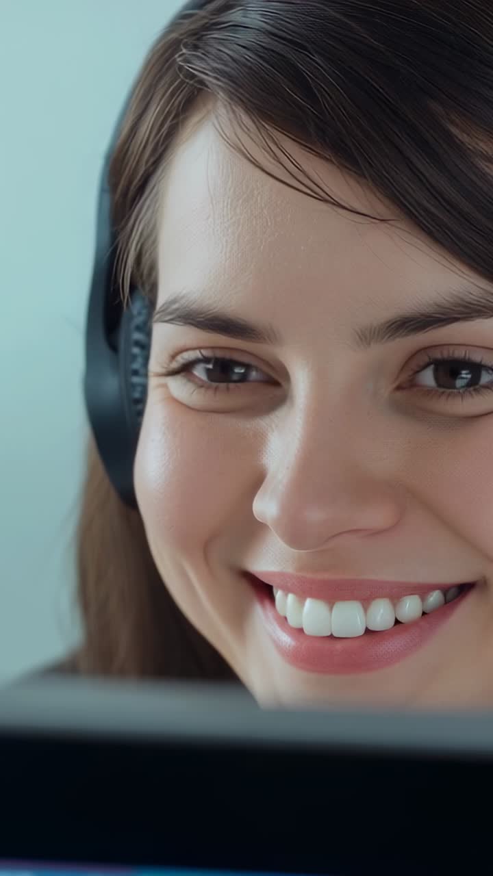 Video verticale: Donna sorridente con cuffie nere che reagisce a contenuti visualizzati su monitor a casa.
