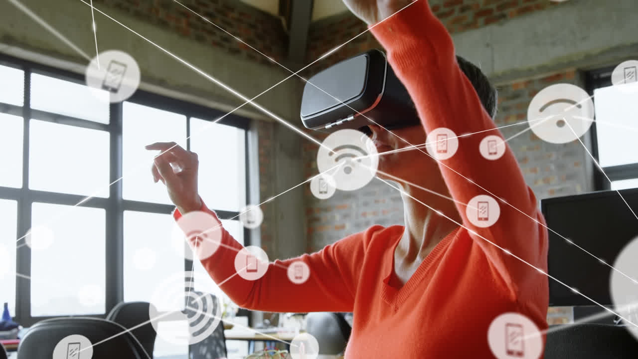 Animation of networks of connections and businesswoman wearing phone vr headset