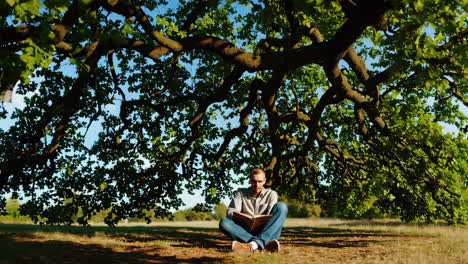 man reading and relaxing under a large tree in nature