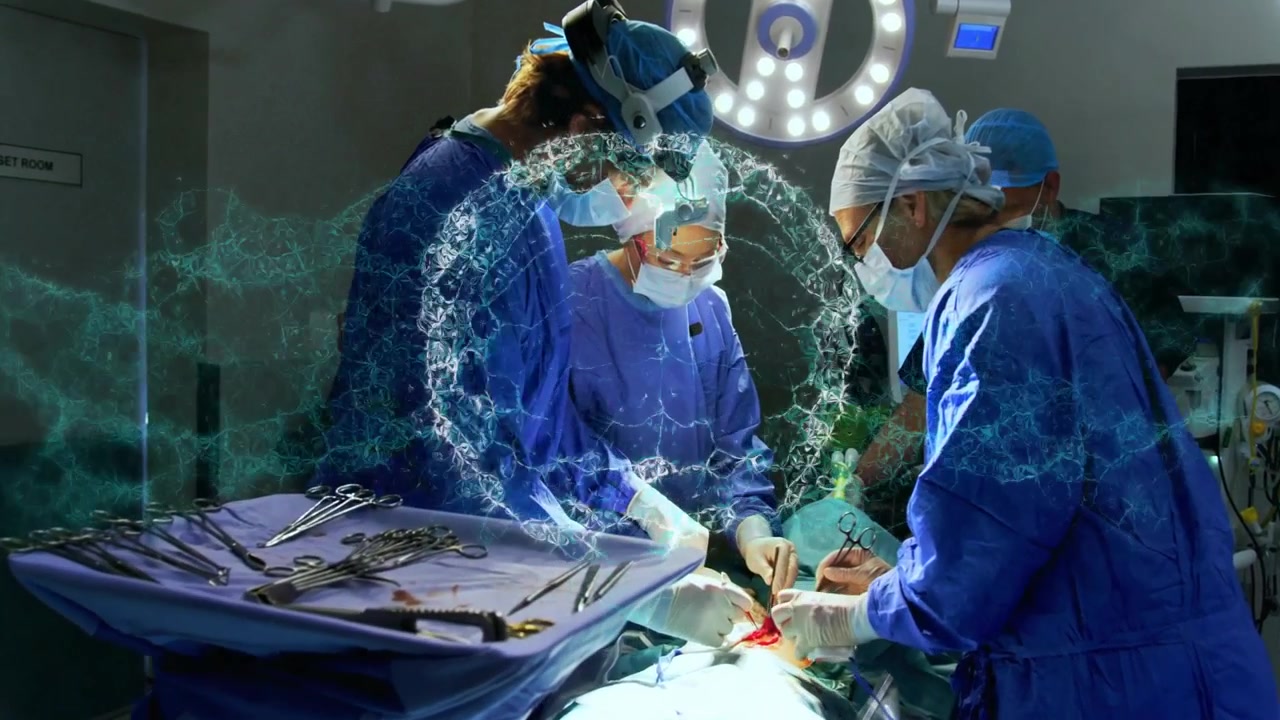 Surgical team making incision in operating room, initiating AR hologram guiding tissue dissection