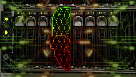 animation of human head, connections and data processing over circuit board and server