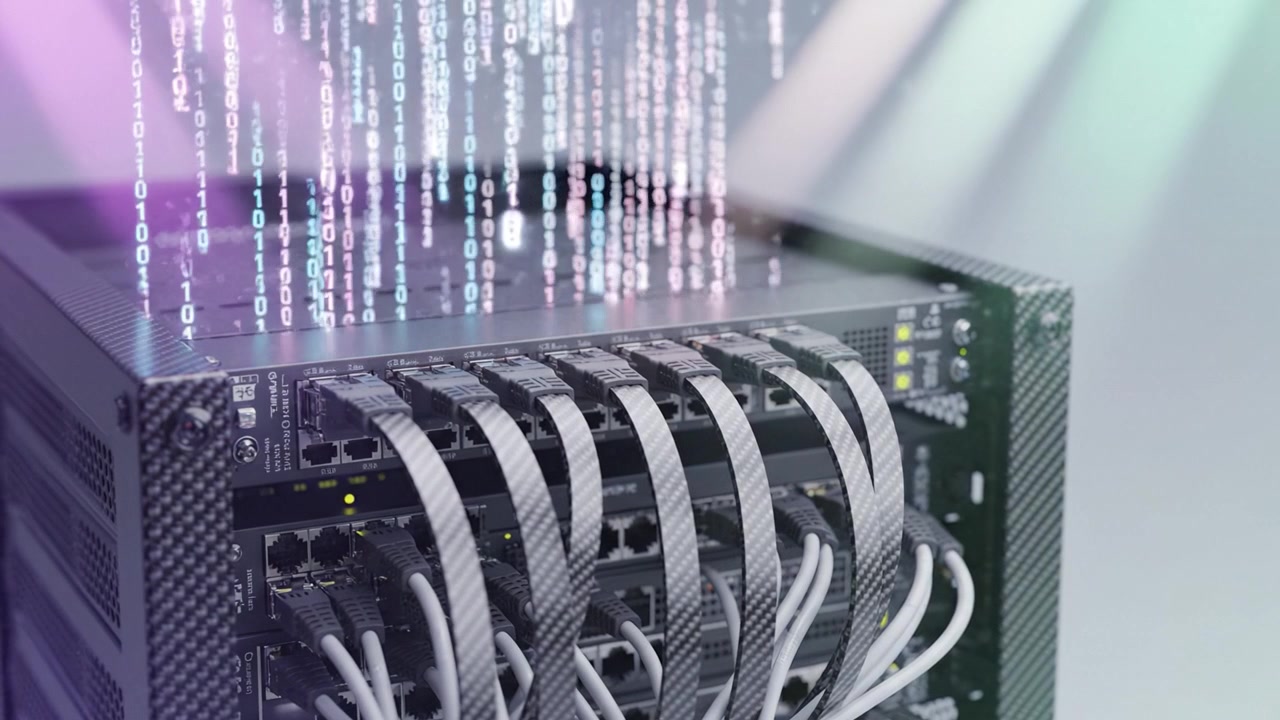 Modern Data Center with High-Performance Server Setup Demonstrating Advanced Connectivity and Digital Data Flow Represented by Binary Code Breakdown