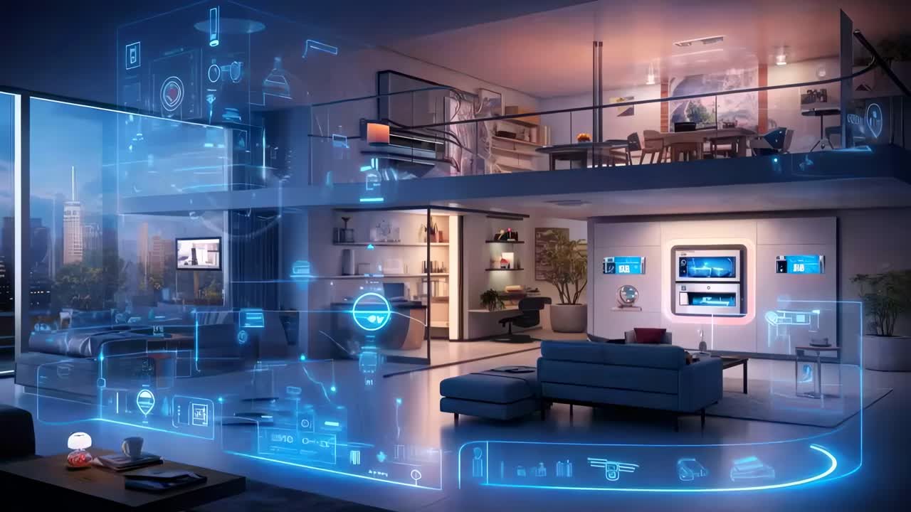 Futuristic smart home interior with holographic interfaces
