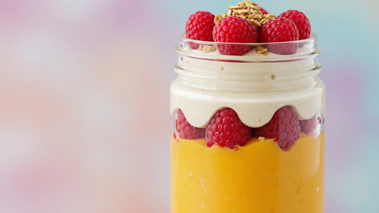 Delicious and Colorful Layered Dessert in a Jar: A Tempting Treat Featuring Creamy Layers of Mango and Yogurt, Topped with Fresh Raspberries and Crunchy Granola