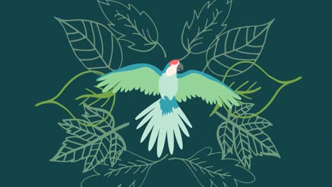 Animation-of-parrot-over-leaves-on-green-background