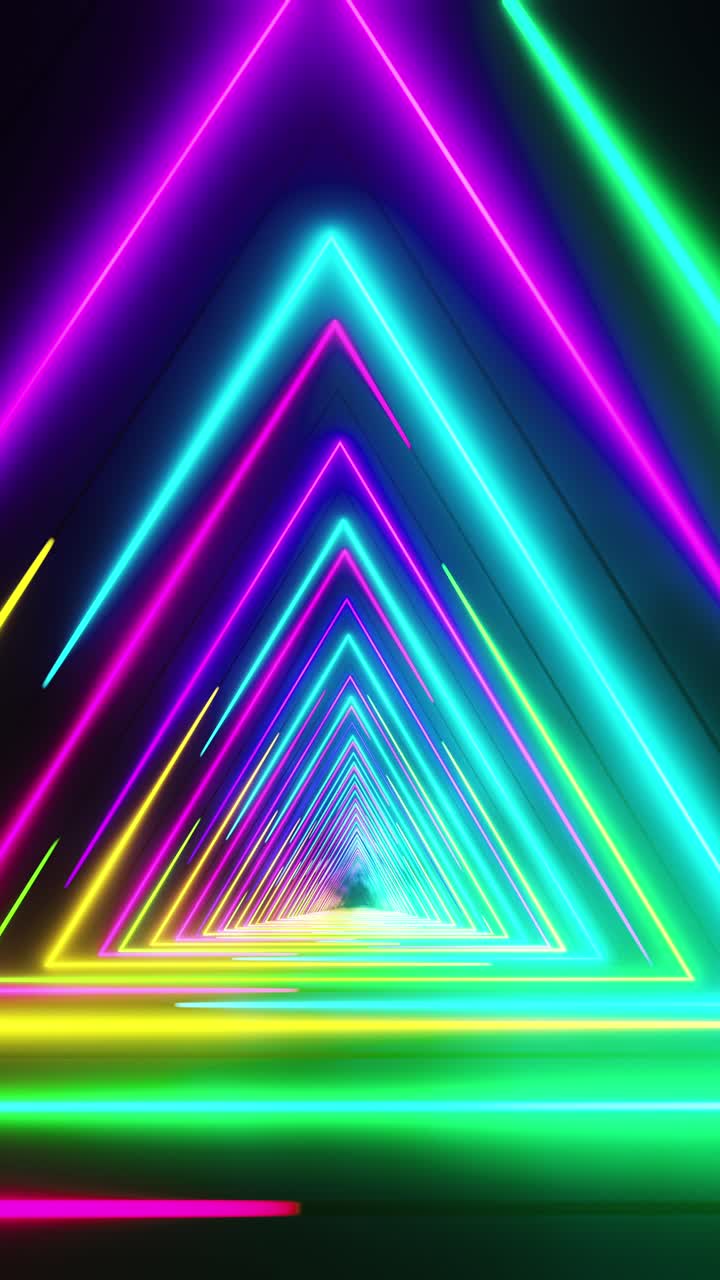 Flying through multicolored triangles painted with light. Vertical looped video
