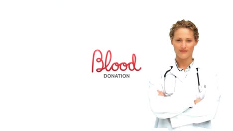 animation of blood donation text over caucasian female doctor