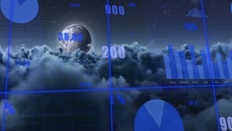 animation of statistical data processing over grid network against dark clouds and moon in the sky