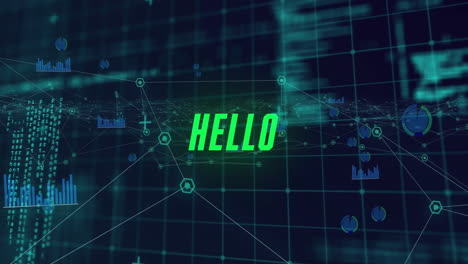 animation of hello text and network of connections over data processing on black background