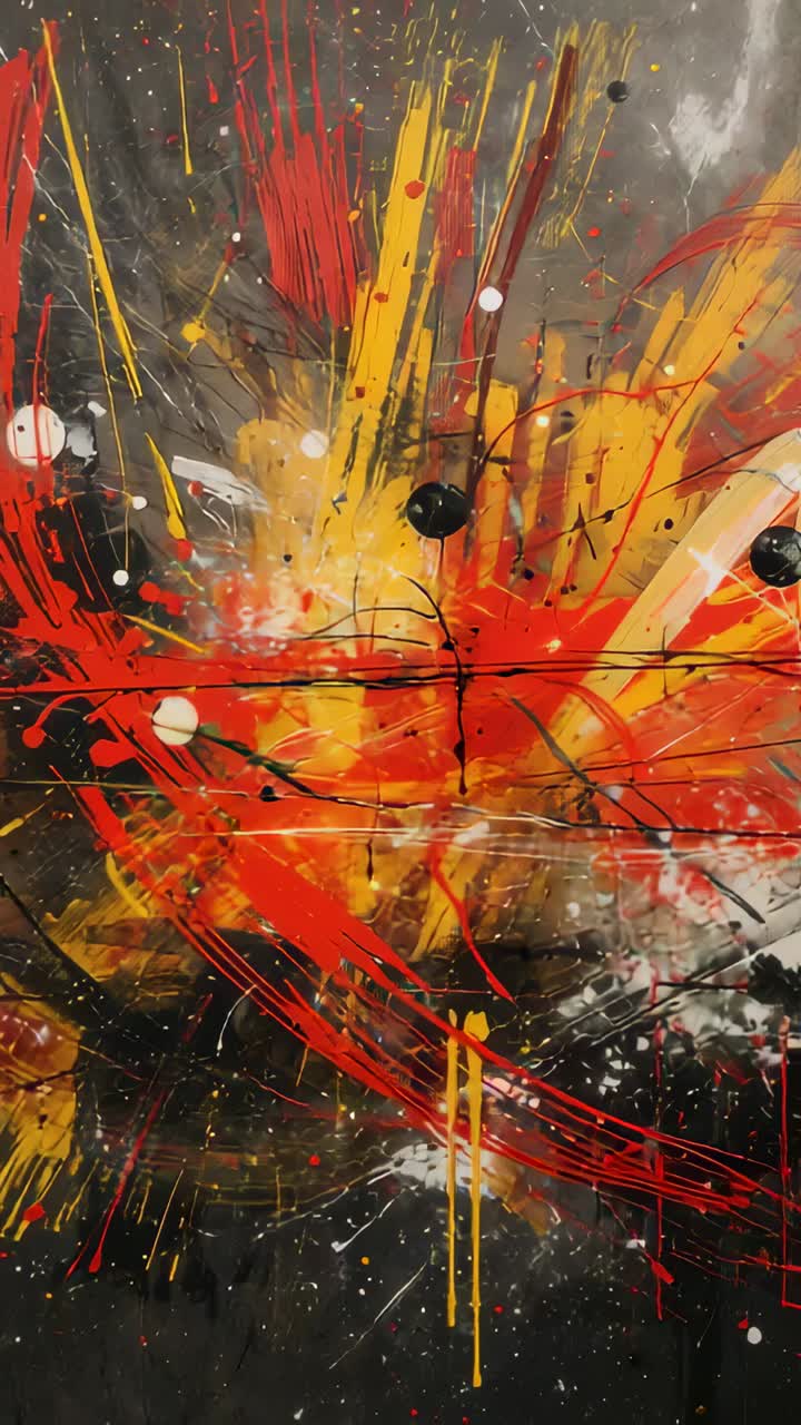 Vertical video: Moving camera reframing art canvas on wall, revealing red yellow strokes and drips