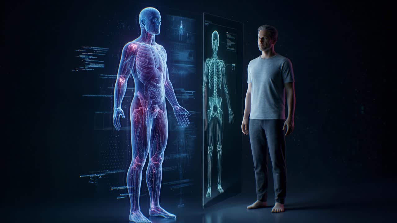 Man standing beside holographic anatomy display as transparent body scan reveals muscles, organs and skeleton