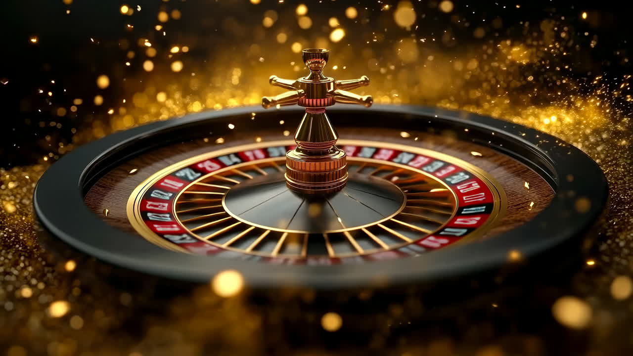 Exciting roulette game on a shiny table. A roulette wheel spins on a vibrant table with golden lights during an evening casino session