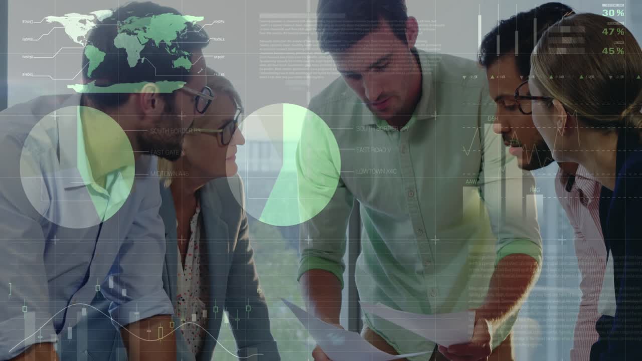 Animation of data processing over diverse business people discussing work