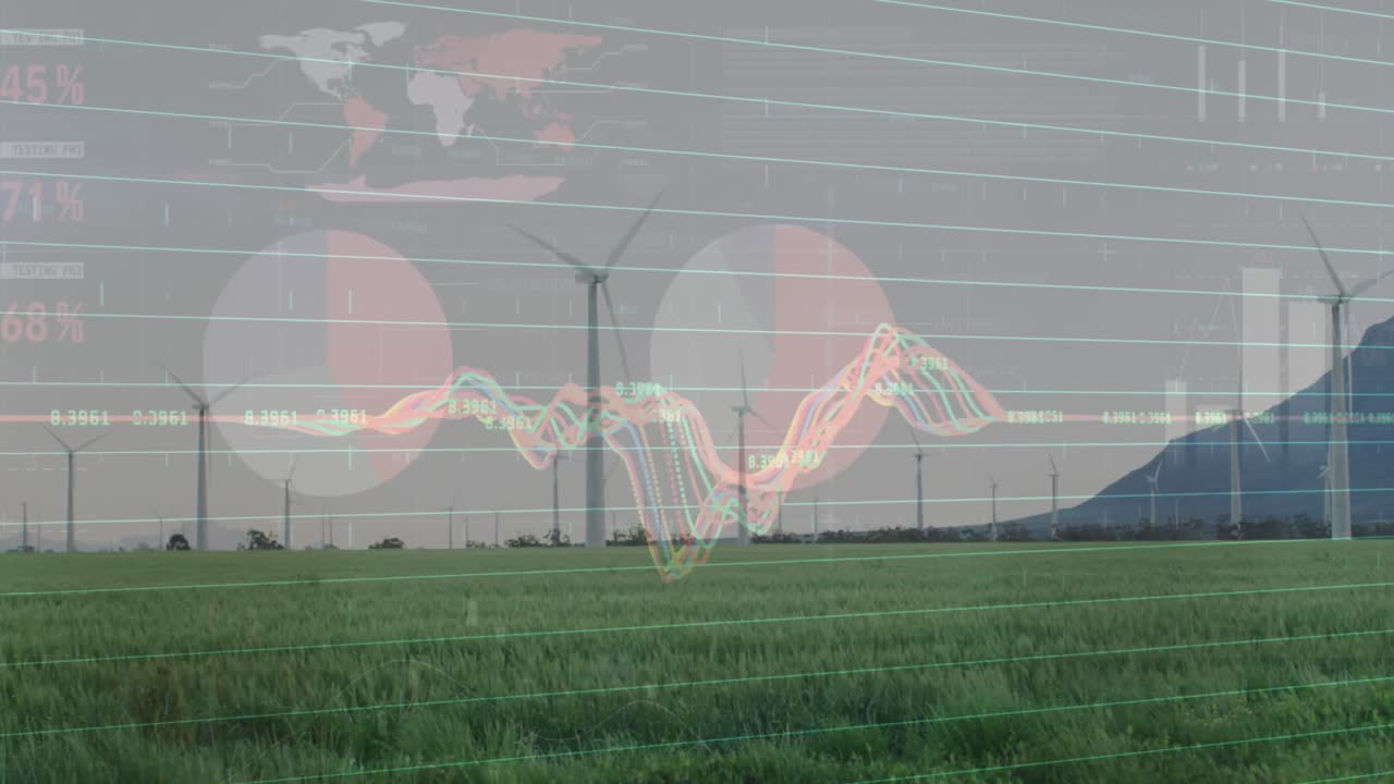 산과 하늘을 배경으로 풍차에 대한 그래프와 인포그래픽 인터페이스의 애니메이션