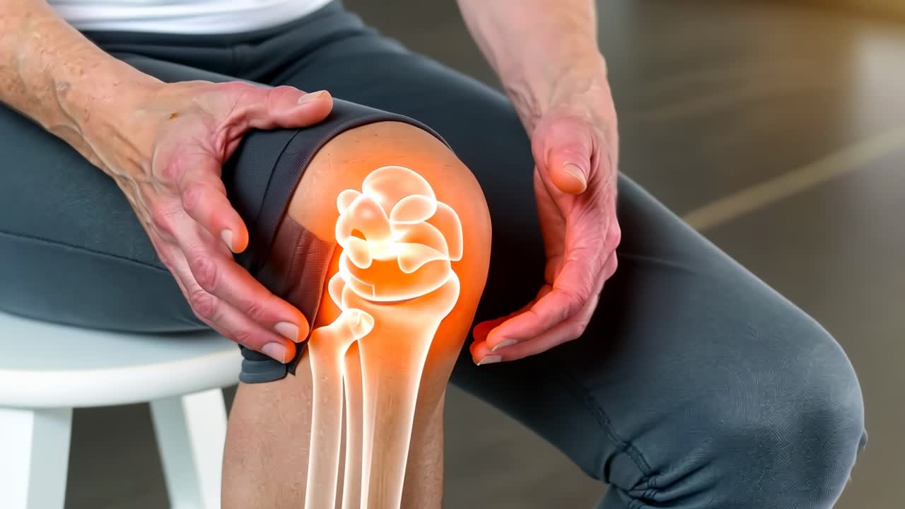 Close-up video angle showing hands holding a knee with an overlay of the joint structure
