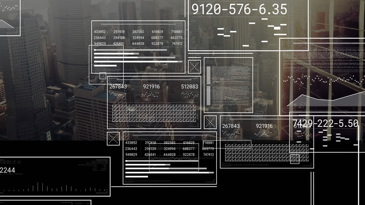 Digital data and coding animation over cityscape with skyscrapers in background
