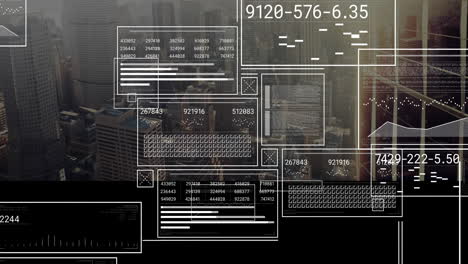 digital data and coding animation over cityscape with skyscrapers in background