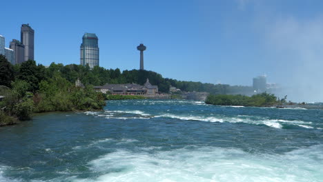 Cataratas-Del-Niágara---Río-Niágara-Con-Vistas-A-La-Torre-Skylon-Y-Al-Casino-Resort-Fallsview-En-Ontario,-Canadá