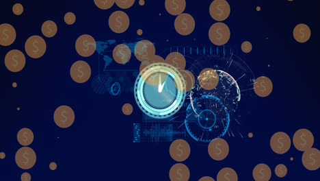 animación de relojes y monedas de dólar a través del procesamiento de datos