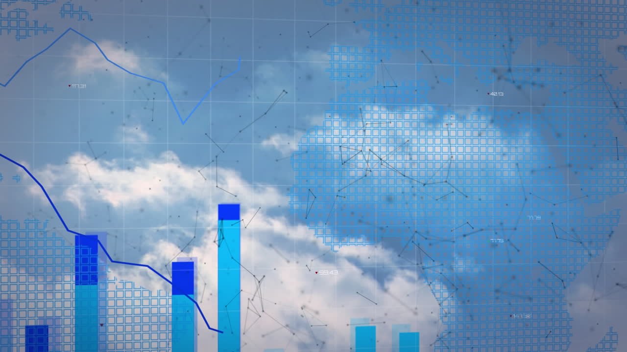 Time-lapse of a cloud with finance and logistics graphics on a black background.