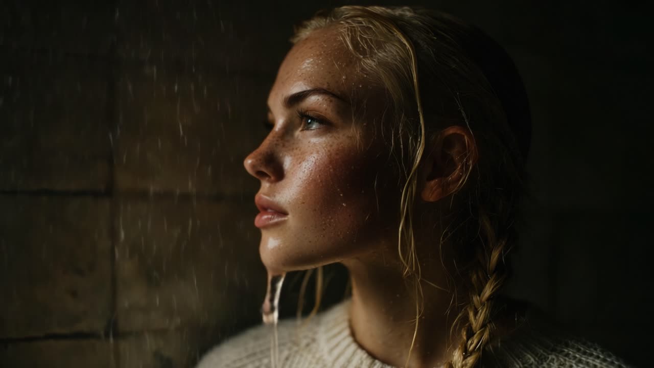 A Captivating Portrait of a Woman in the Rain: Natural Beauty and Water Droplets Enhance an Intimate Moment of Serenity and Reflection