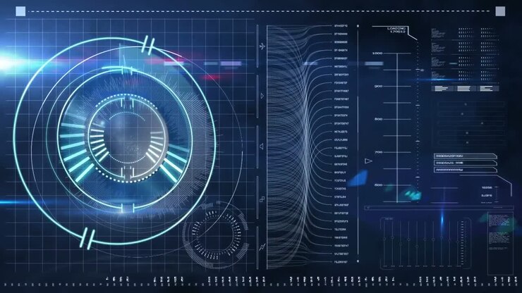 Animation of processing circle over screen with diverse data