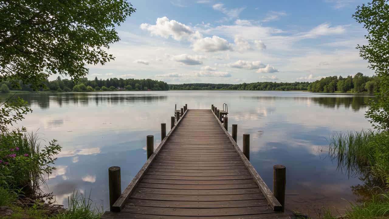 Tranquil Lakeside Scene Featuring a Wooden Dock Stretching into Calm Waters Under a Beautifully Cloudy Sky with Lush Greenery Surrounding the Shoreline