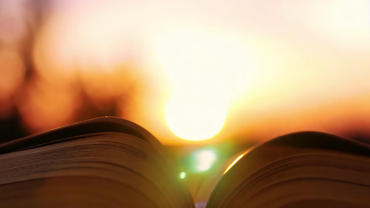 Open book showcases turning pages with a stunning sunset illuminating the background, creating a serene evening atmosphere