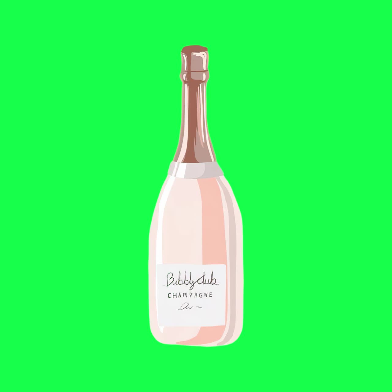 Elegant champagne bottle illustration animation, transparent 4K video, green screen