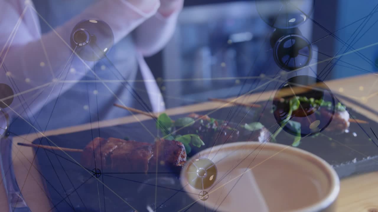 Server reaching tablet, tapping to process cafe order while network overlaying tablet and plate