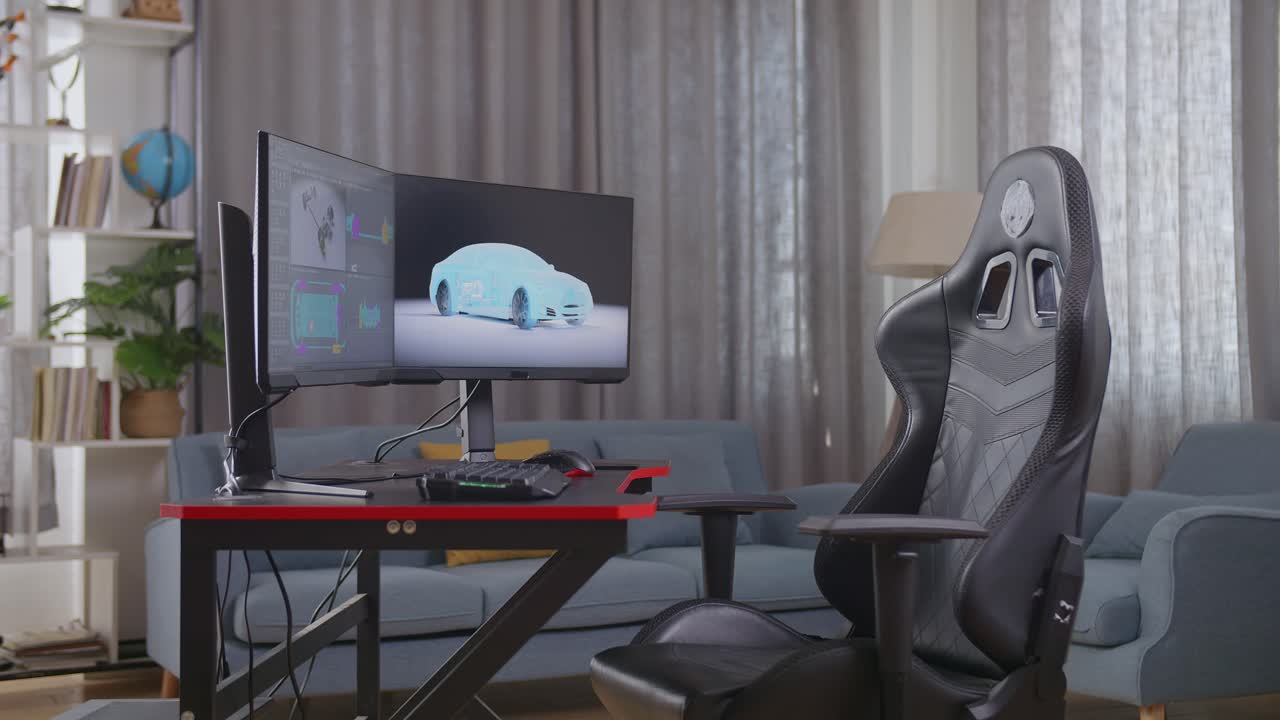 Modern Home Office Setup with Dual Monitors and Gaming Chair