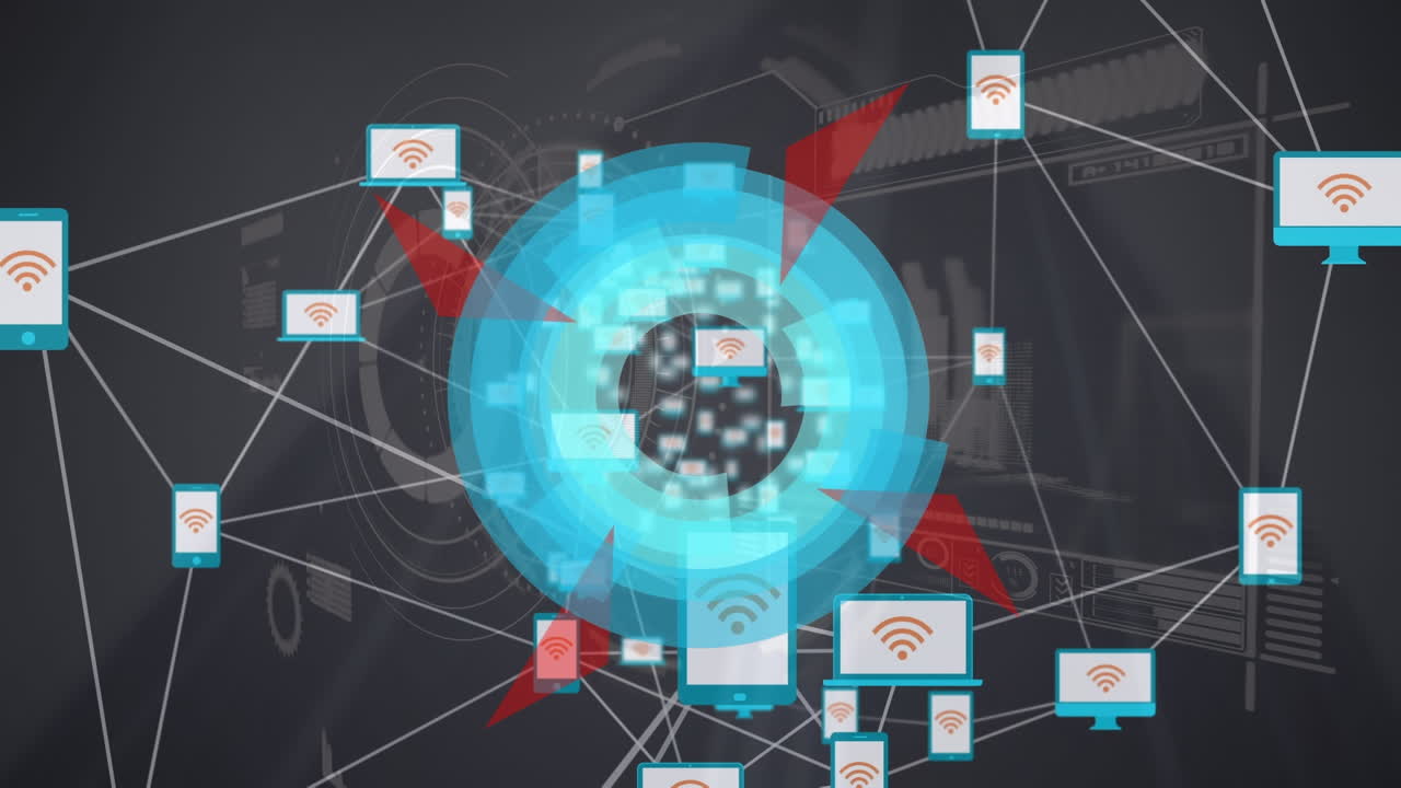 animación de formas que se mueven sobre una red de conexiones