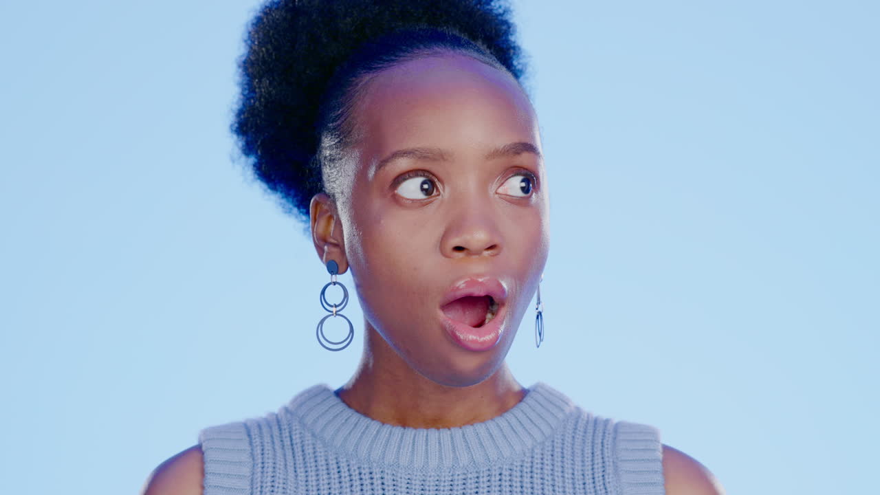 Black woman, studio and wow face by background