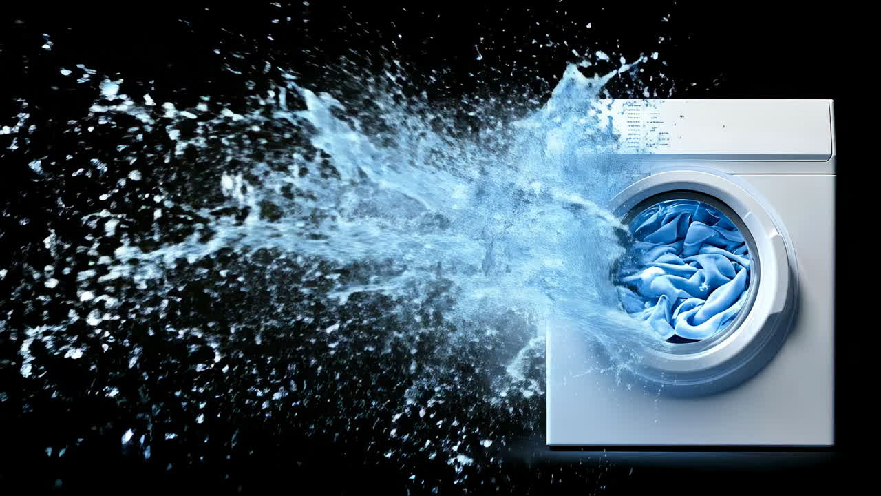 Washing machine splash effect. Creative photo of a washing machine with water splashing out dramatically during laundry