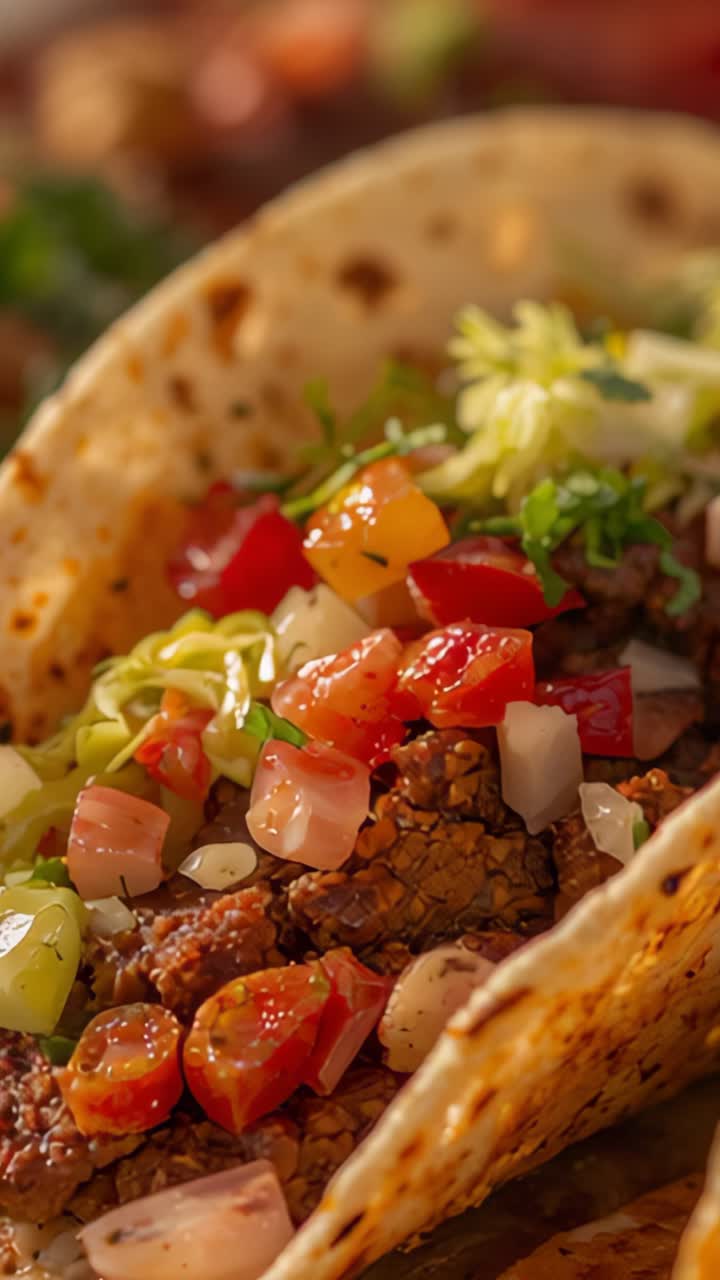 Vertical video: Panning camera revealing taco in kitchen to highlight seasoned meat and cilantro