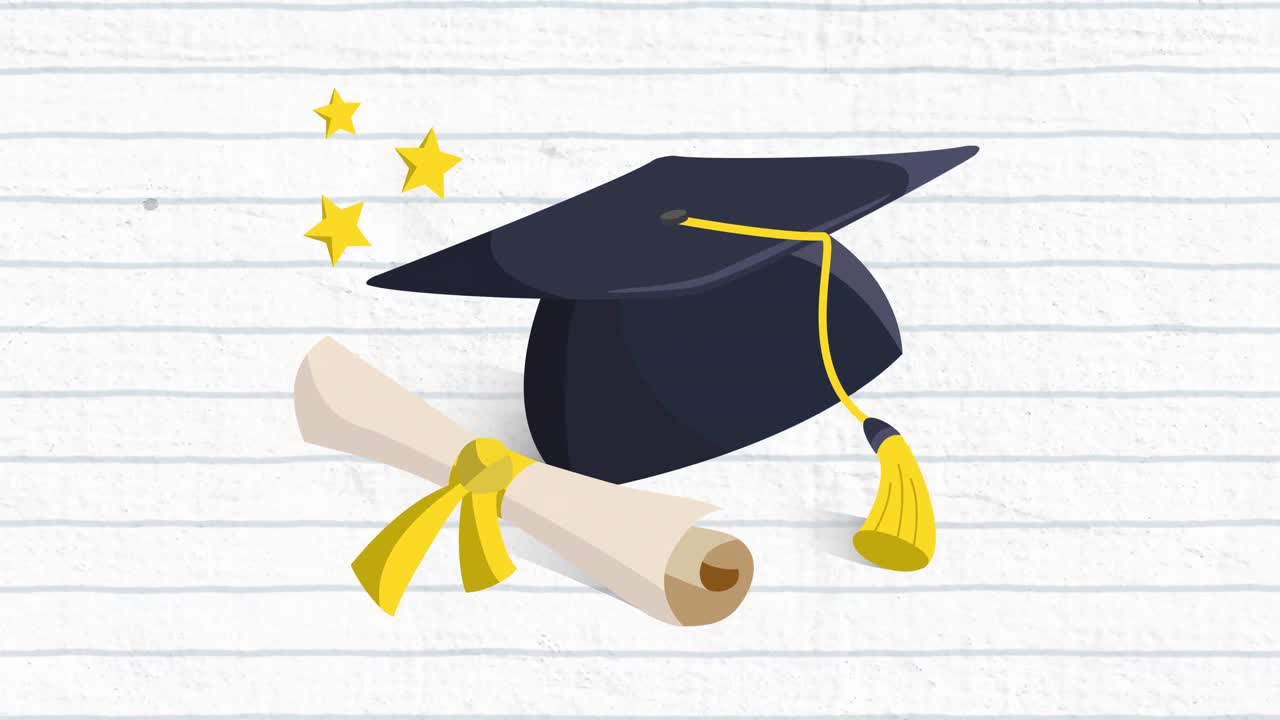 Animation of a graduation hat and a diploma with a blue grid on a white background