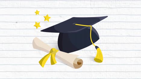 Animation-of-a-graduation-hat-and-a-diploma-with-a-blue-grid-on-a-white-background