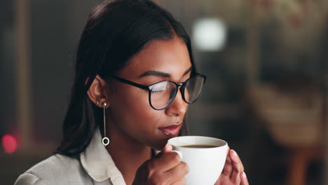 Drinking-coffee,-night-and-business-woman-working