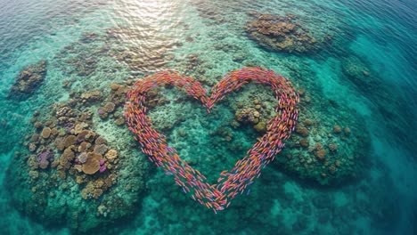 an aerial view of vibrant fish forming a heart shape over coral reefs, showcasing the beauty and diversity of marine life in crystal clear waters