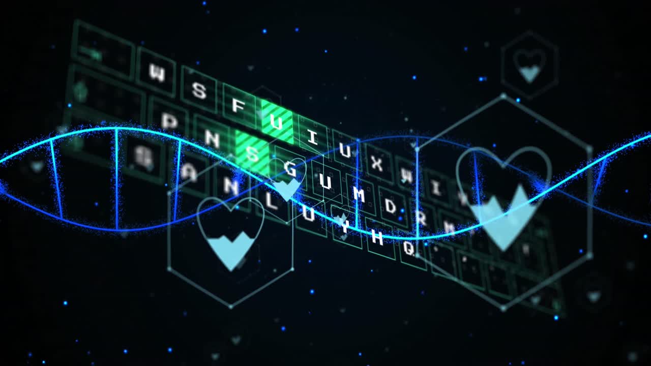 Animation of icons, dna strand over data processing