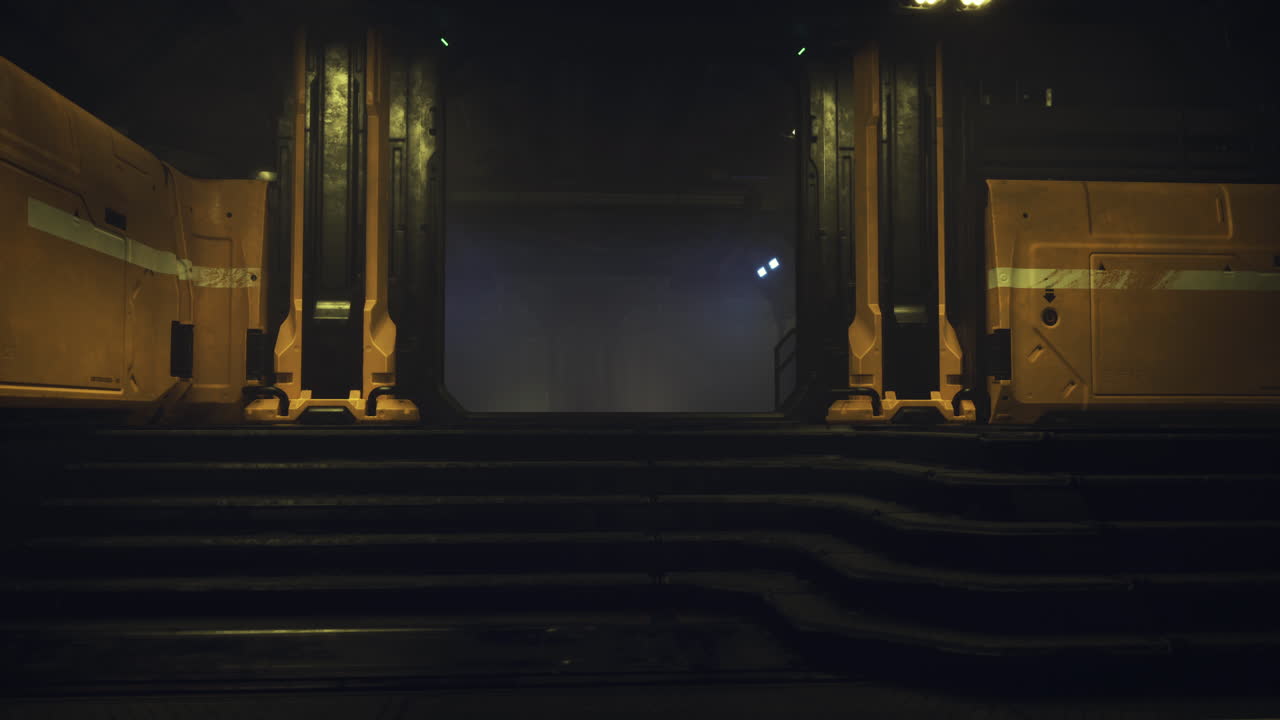 Exploring an industrial corridor with distinct yellow structures and shadows