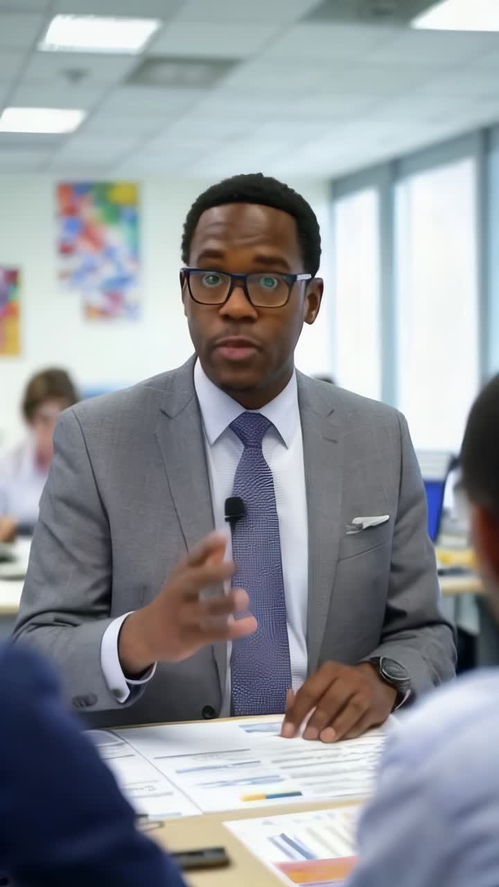 An adult afro businessman giving a presentation in the office