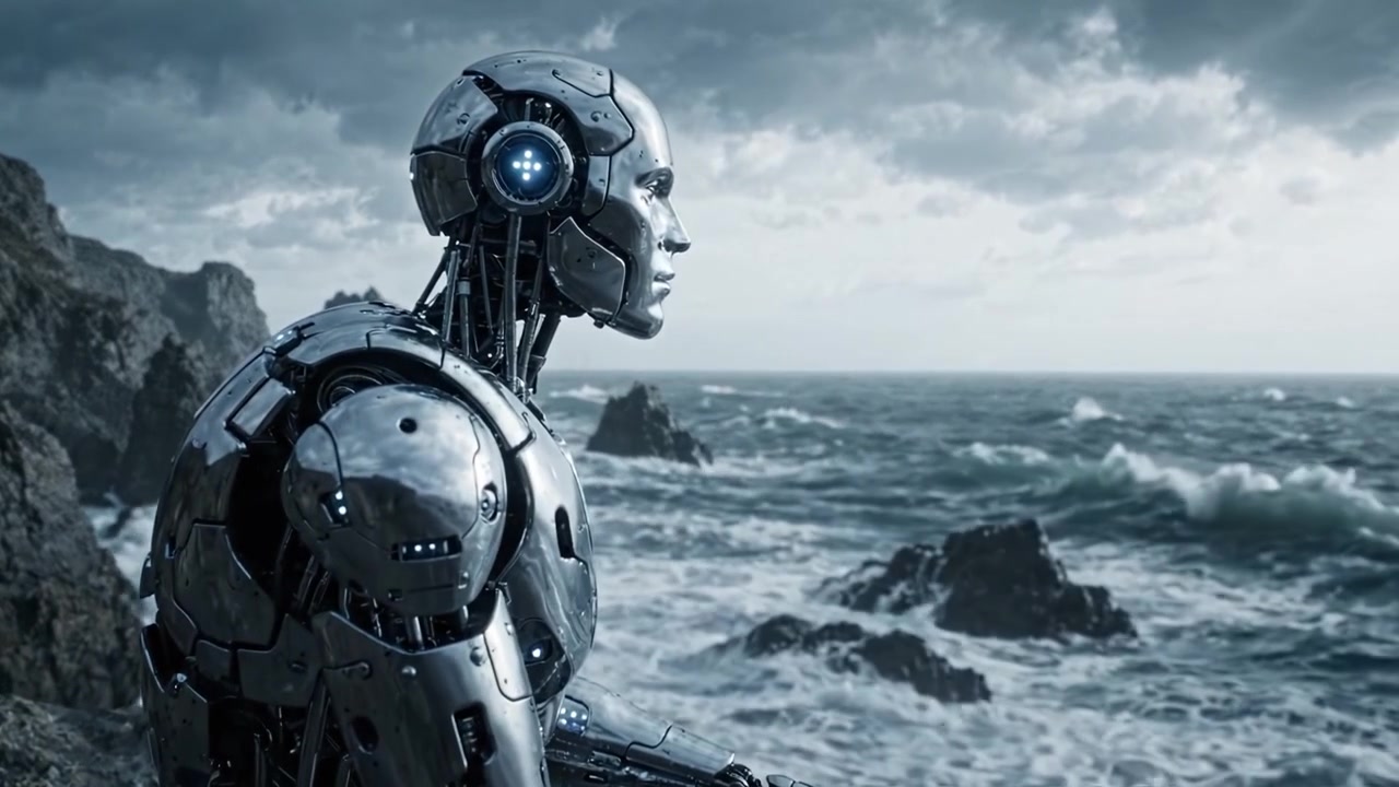Un robot riflessivo contempla l'esistenza in riva al mare turbolento, catturando l'essenza dell'isolamento e della tecnologia in mezzo alla potenza della natura in un paesaggio drammatico.